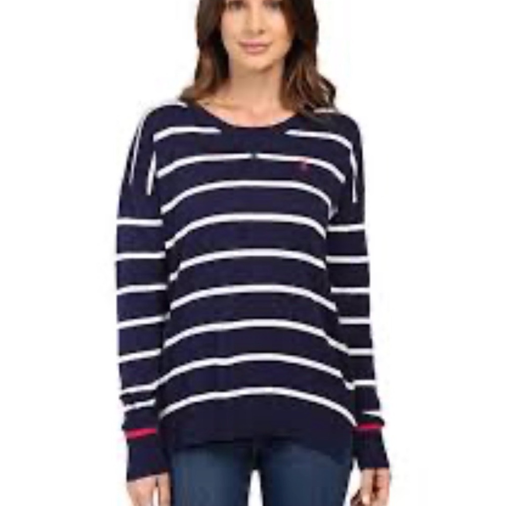 Ralph Lauren Blue and White Striped Sweater with Pink Accents Cotton Size L